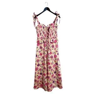 Celia B Turpan Pink Floral Smocked Tie Front Ruffle Midi Dress